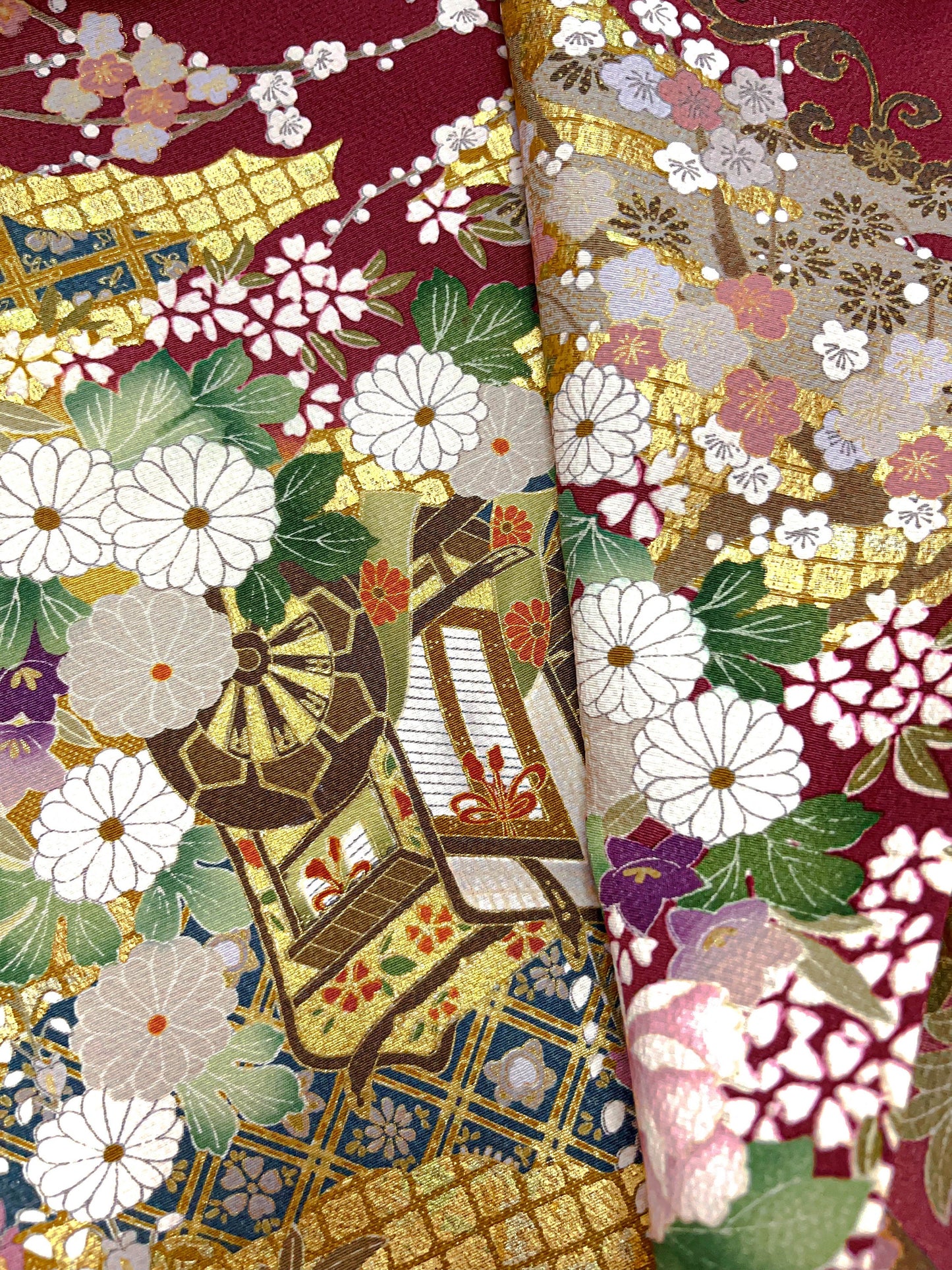 Vintage Pink Silk Furisode Kimono: Crane & Royal Carriage, Rank A+ (B30)