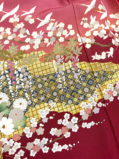 Vintage Pink Silk Furisode Kimono: Crane & Royal Carriage, Rank A+ (B30)