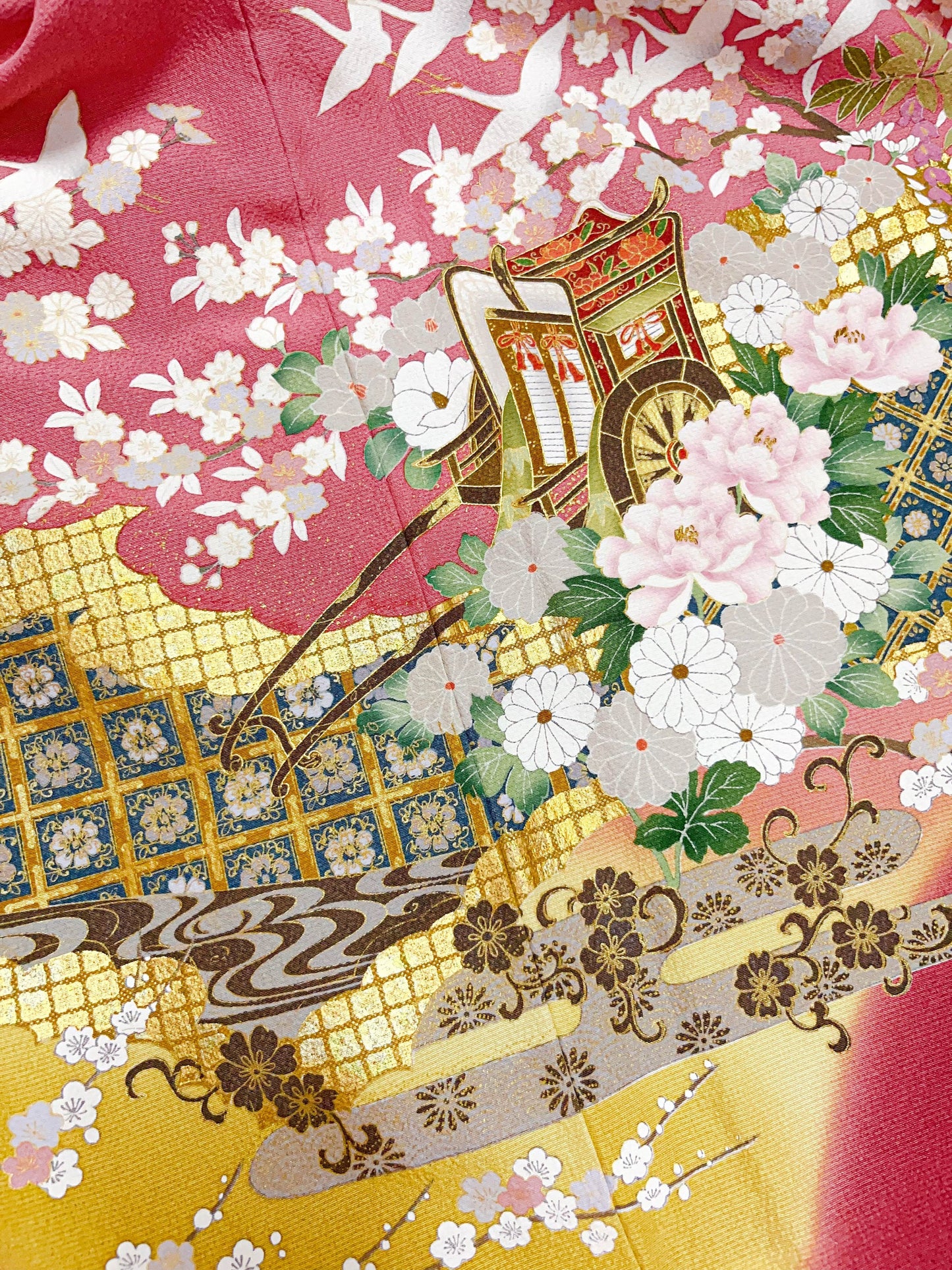 Vintage Pink Silk Furisode Kimono: Crane & Royal Carriage, Rank A+ (B30)