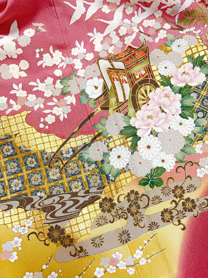 Vintage Pink Silk Furisode Kimono: Crane & Royal Carriage, Rank A+ (B30)