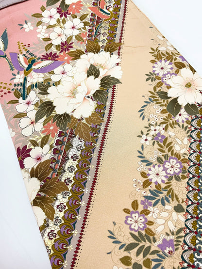 Vintage Pink Floral Silk Furisode Kimono, Rank B+ (B26)