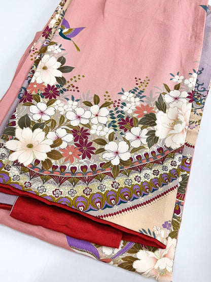 Vintage Pink Floral Silk Furisode Kimono, Rank B+ (B26)
