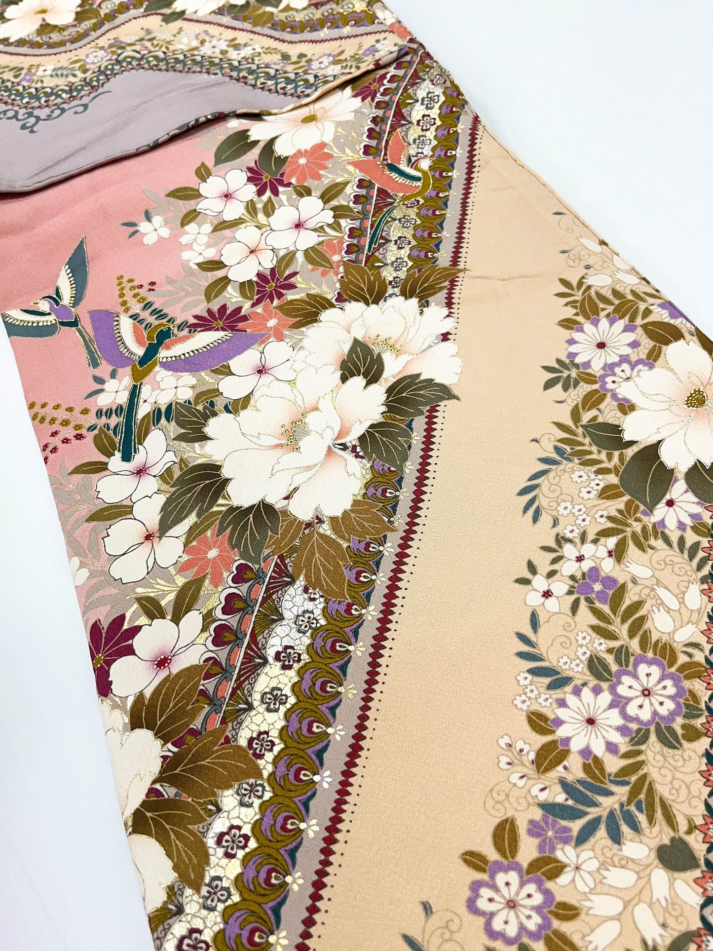 Vintage Pink Floral Silk Furisode Kimono, Rank B+ (B26)