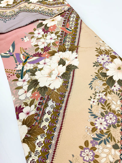 Vintage Pink Floral Silk Furisode Kimono, Rank B+ (B26)