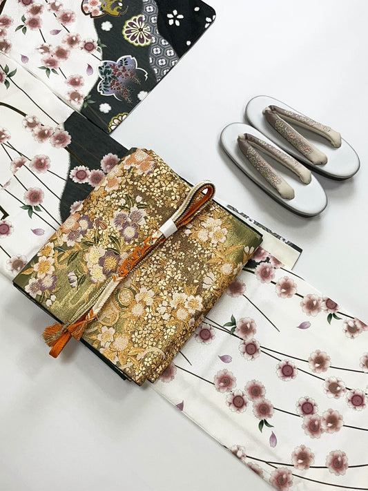 Vintage Fukuro Obi & Handmade Kimono Set: Sakura Pattern