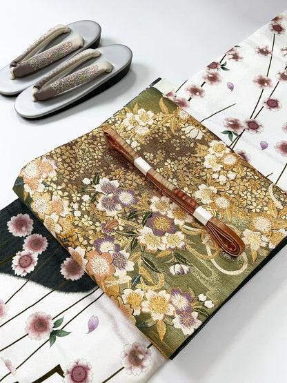 Vintage Fukuro Obi & Handmade Kimono Set: Sakura Pattern