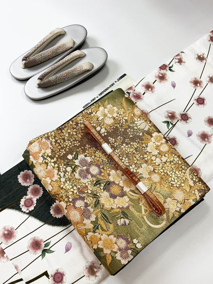 Vintage Fukuro Obi & Handmade Kimono Set: Sakura Pattern