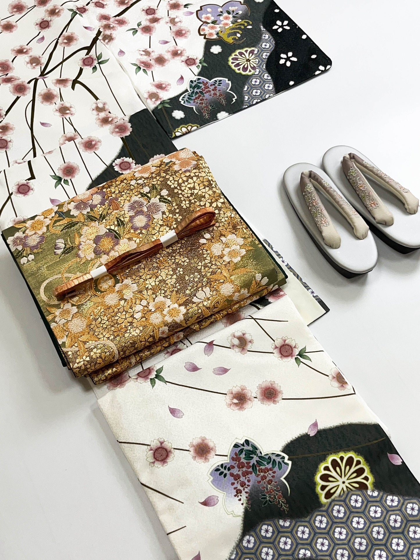 Vintage Fukuro Obi & Handmade Kimono Set: Sakura Pattern