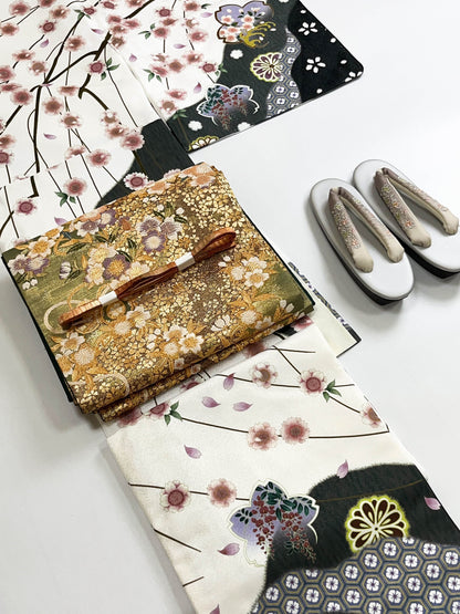 Vintage Fukuro Obi & Handmade Kimono Set: Sakura Pattern