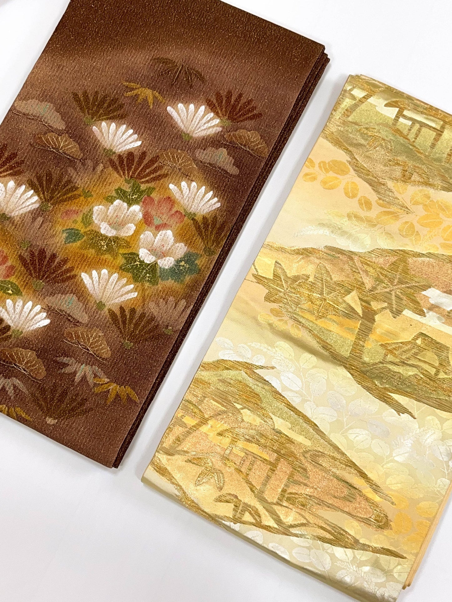 Gold Silk Fukuro Obi: Vintage Kimono Fabric, Floral Design (OB59)