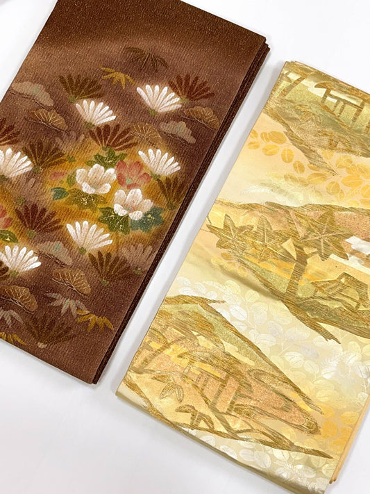 Gold Silk Fukuro Obi: Vintage Floral Design Kimono Sash | OB59