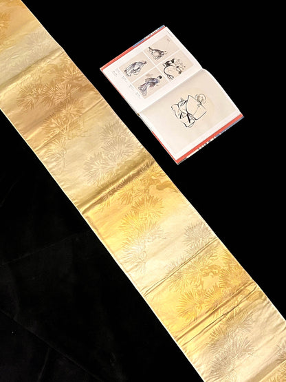 Gold Silk Fukuro Obi: Vintage Kimono Fabric, Floral Design (OB59)