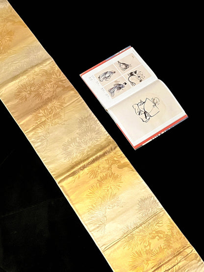 Gold Silk Fukuro Obi: Vintage Kimono Fabric, Floral Design (OB59)