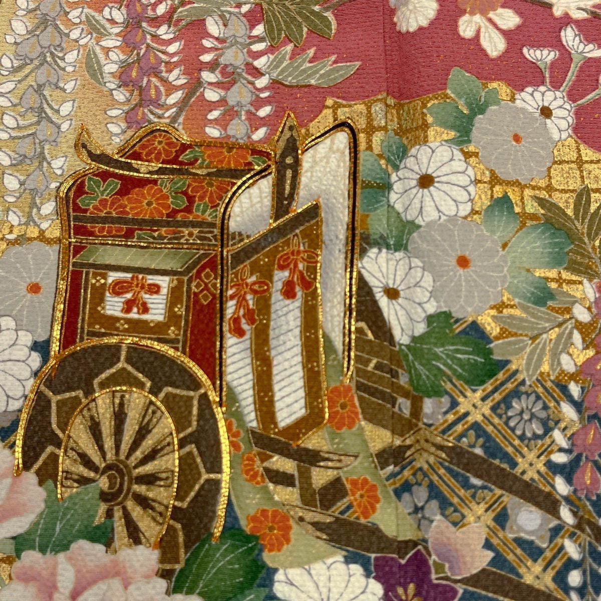 Vintage Pink Silk Furisode Kimono: Crane & Royal Carriage, Rank A+ (B30)