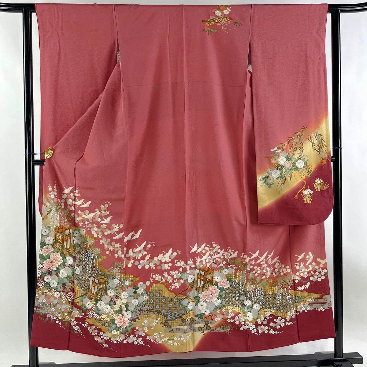 Vintage Pink Silk Furisode Kimono: Crane & Royal Carriage, Rank A+ (B30)