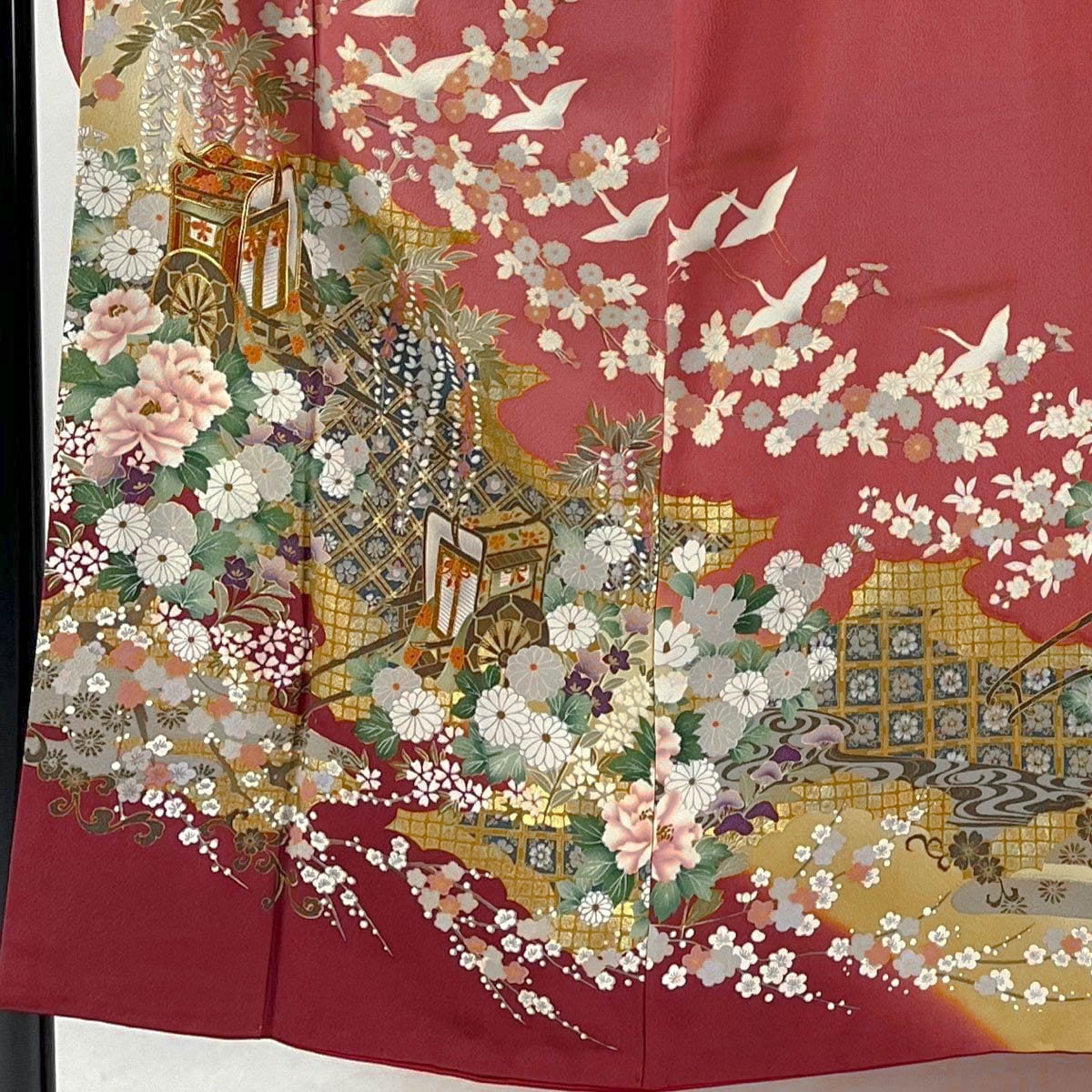 Vintage Pink Silk Furisode Kimono: Crane & Royal Carriage, Rank A+ (B30)