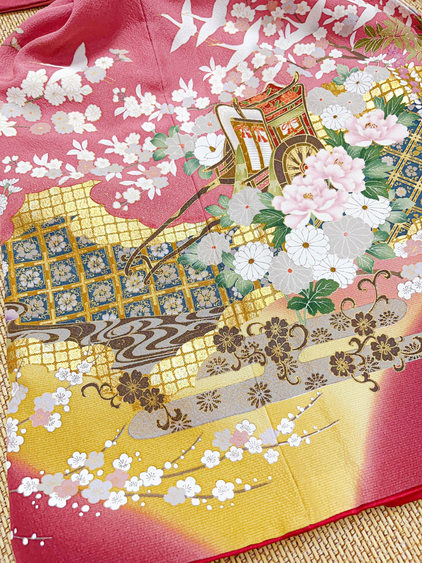 Vintage Pink Silk Furisode Kimono: Crane & Royal Carriage, Rank A+ (B30)