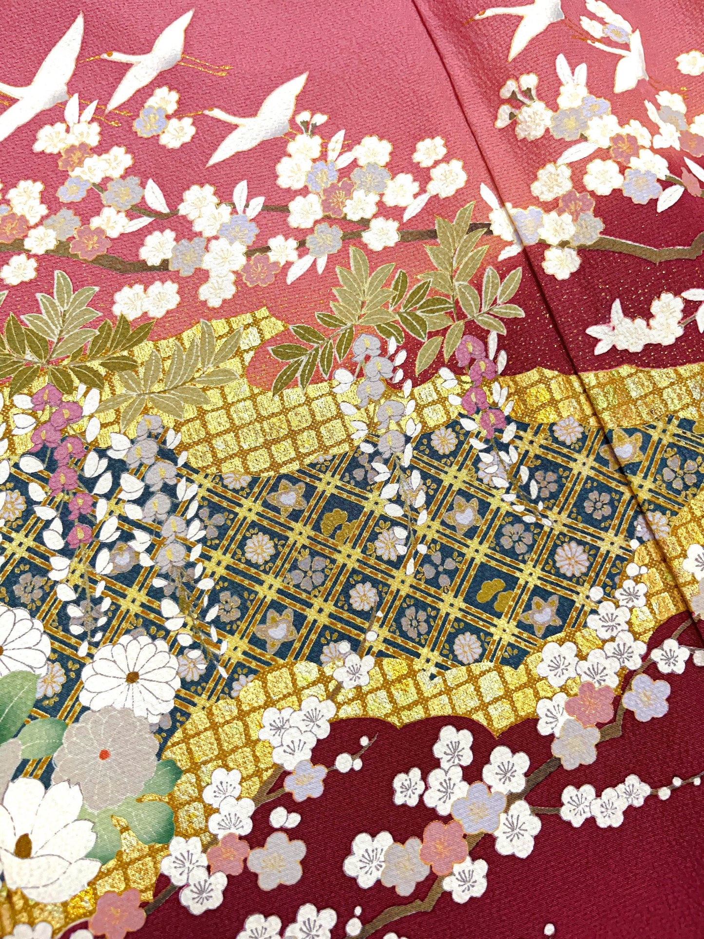 Vintage Pink Silk Furisode Kimono: Crane & Royal Carriage, Rank A+ (B30)