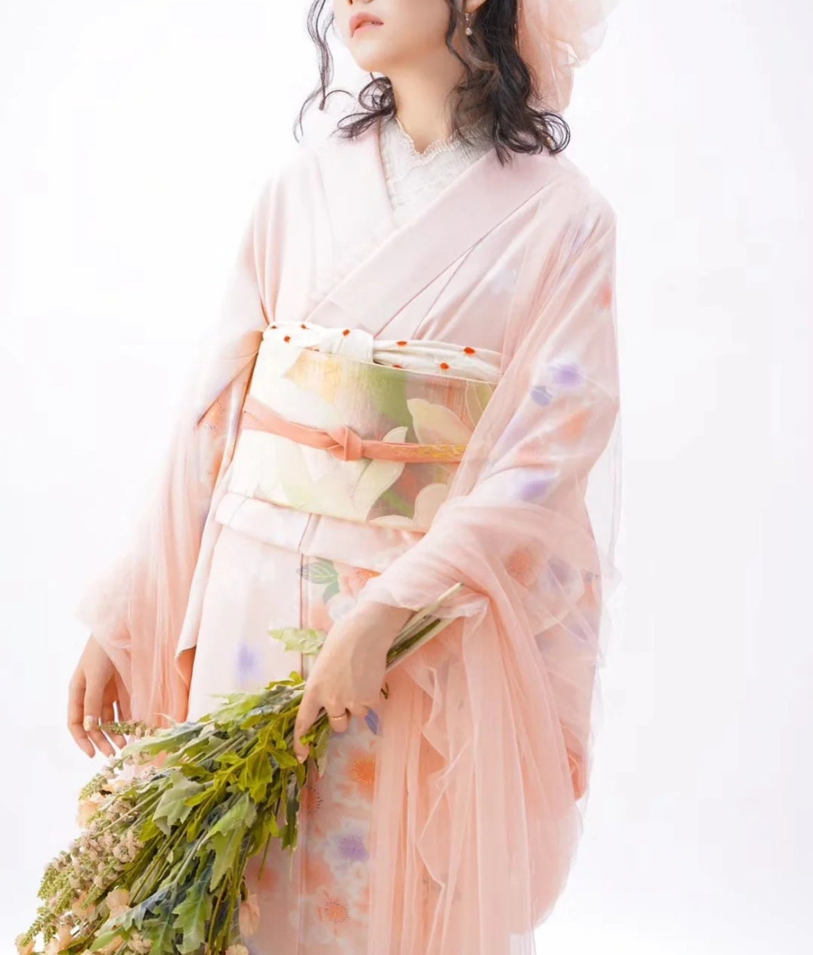 Unused Pink Floral Houmongi Kimono/ Polyester Kimono Women