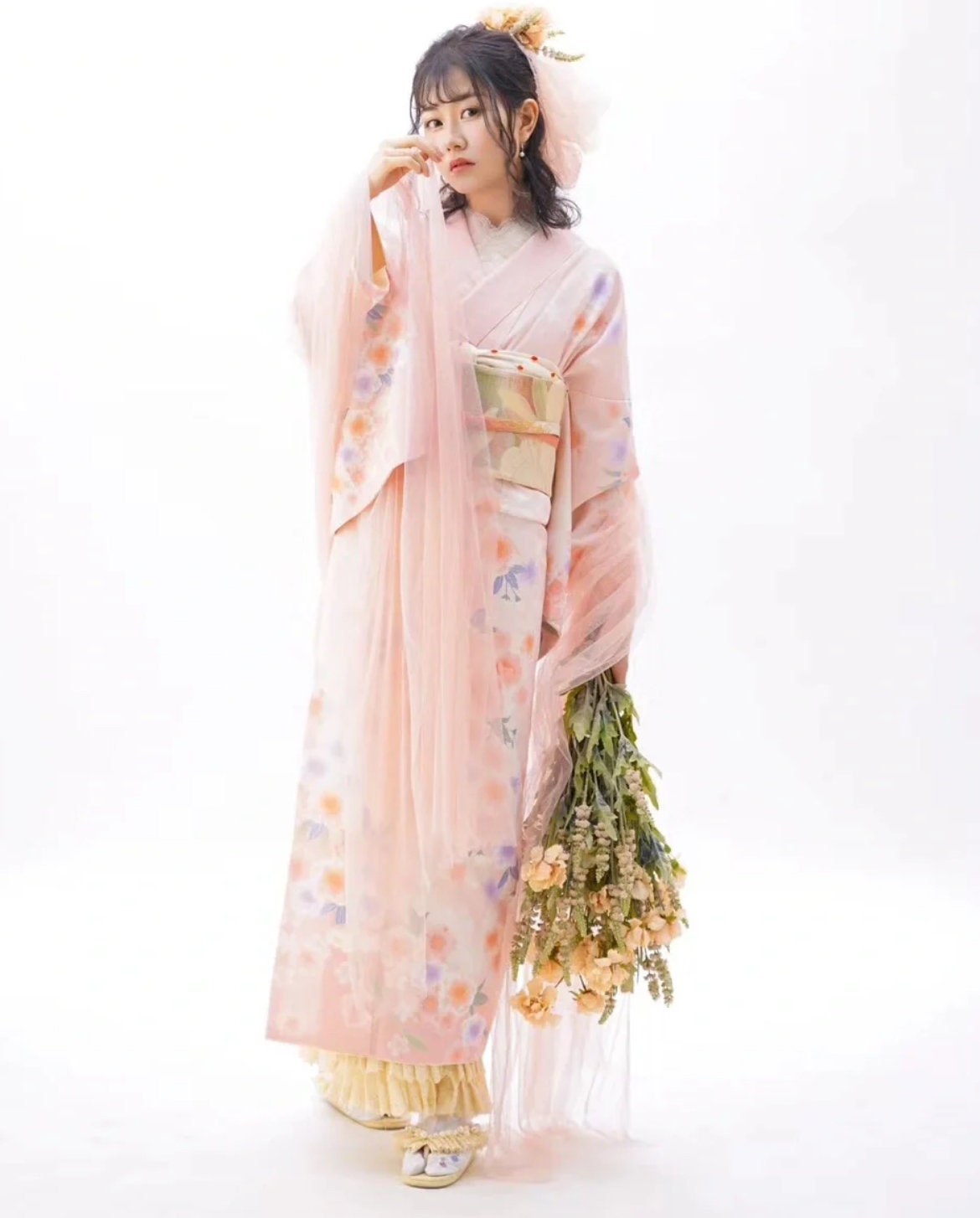 Unused Pink Floral Houmongi Kimono/ Polyester Kimono Women