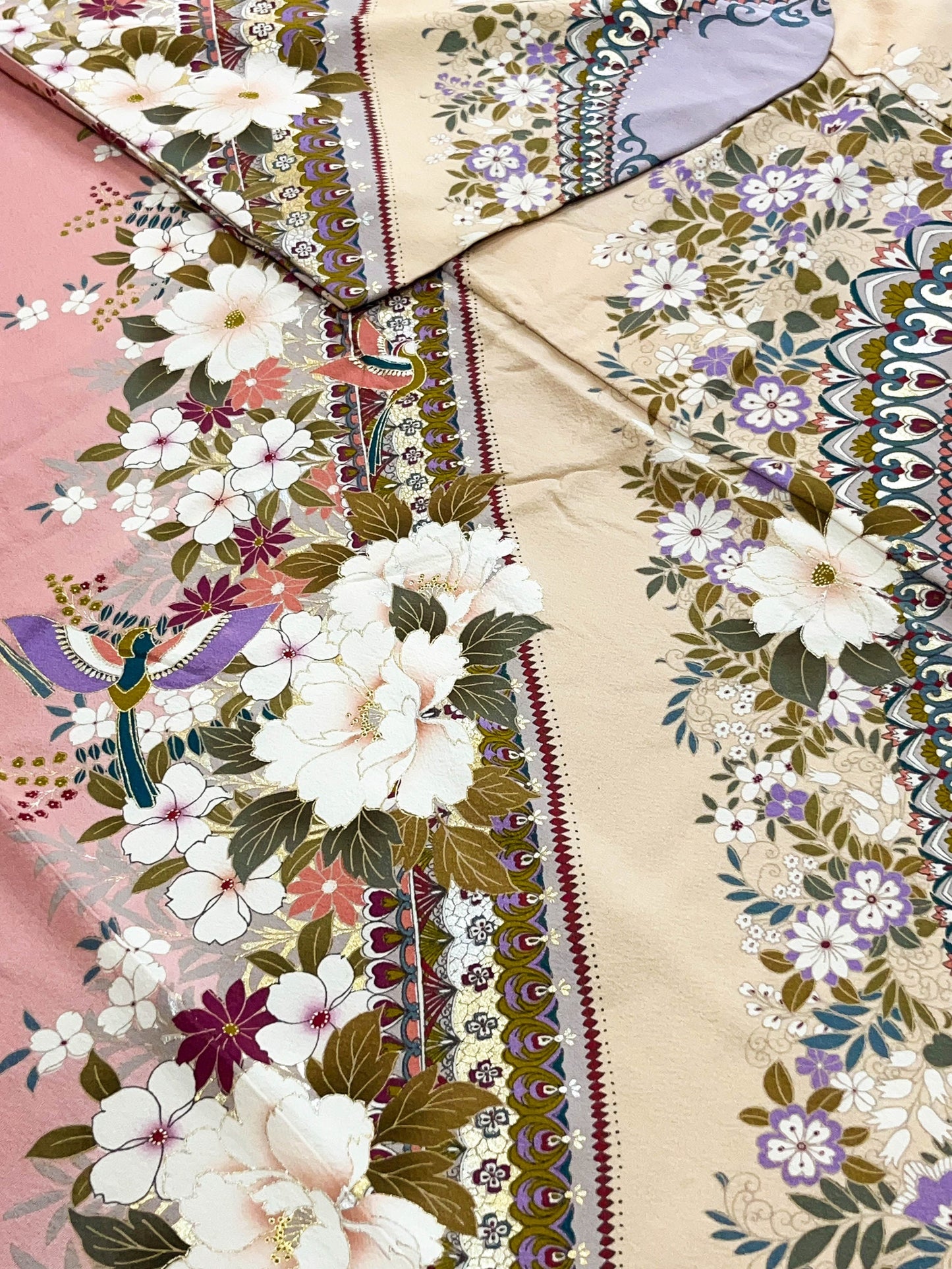 Vintage Pink Floral Silk Furisode Kimono, Rank B+ (B26)