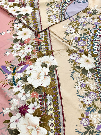 Vintage Pink Floral Silk Furisode Kimono, Rank B+ (B26)