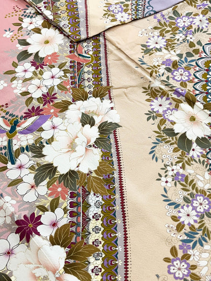 Vintage Pink Floral Silk Furisode Kimono, Rank B+ (B26)
