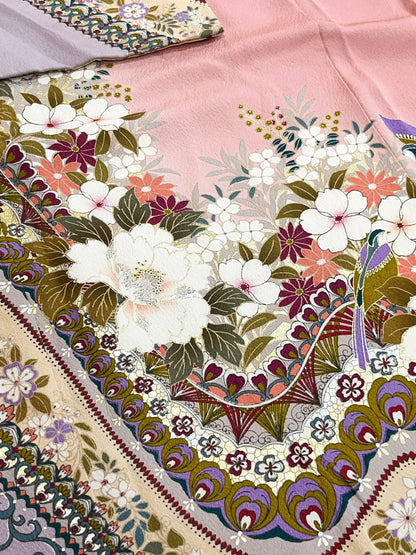 Vintage Pink Floral Silk Furisode Kimono, Rank B+ (B26)
