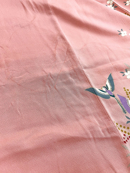 Vintage Pink Floral Silk Furisode Kimono, Rank B+ (B26)