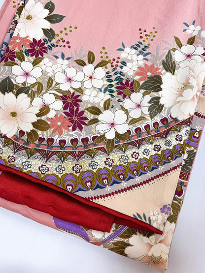 Vintage Pink Floral Silk Furisode Kimono, Rank B+ (B26)