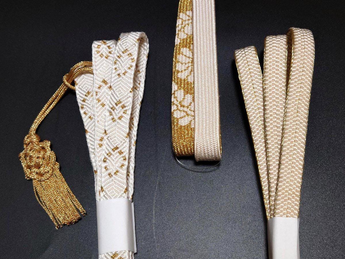 Brand New Silk Obijime Belt: White, Beige & Gold Obi Ties
