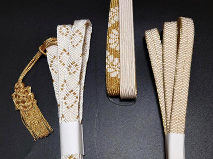 Brand New Silk Obijime Belt: White, Beige & Gold Obi Ties