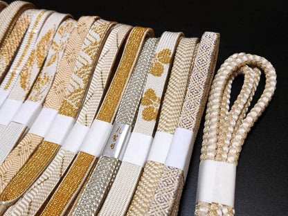 Brand New Silk Obijime Belt: White, Beige & Gold Obi Ties