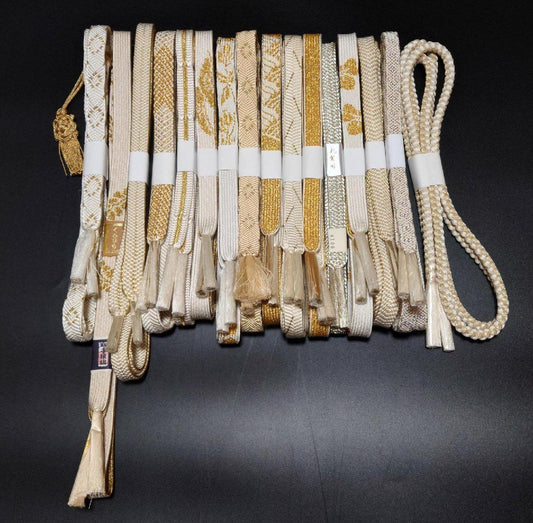 Brand New Silk Obijime Belt: White, Beige & Gold Obi Ties