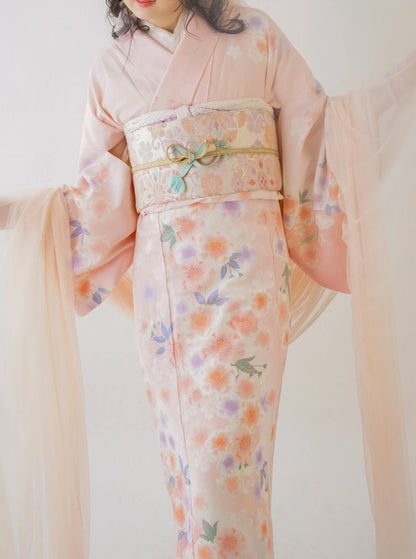 Unused Pink Floral Houmongi Kimono/ Polyester Kimono Women