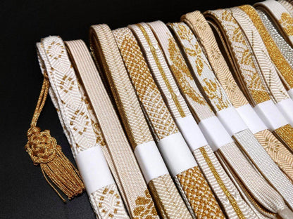 Brand New Silk Obijime Belt: White, Beige & Gold Obi Ties