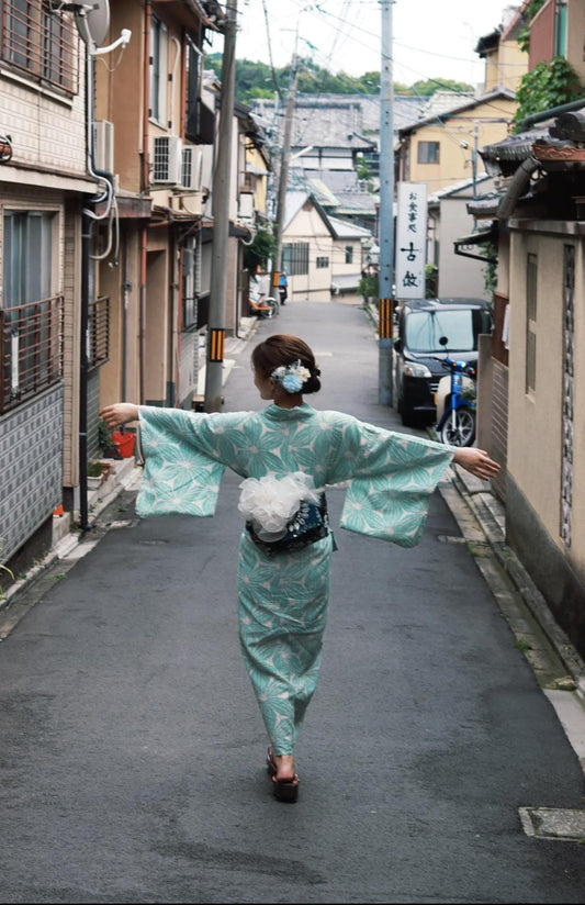 Japanese Floral Yukata Set with Easy Wearing Obi,  JL019