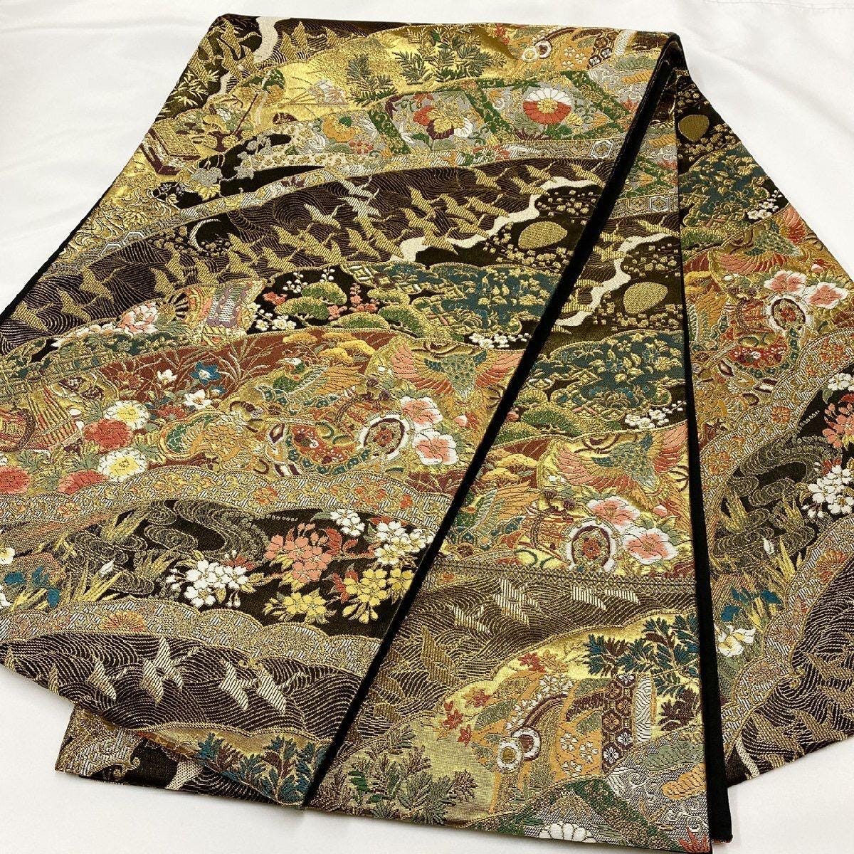 Vintage Silk Obi Belt: Flying Crane Fukuro Obi, Rank A+