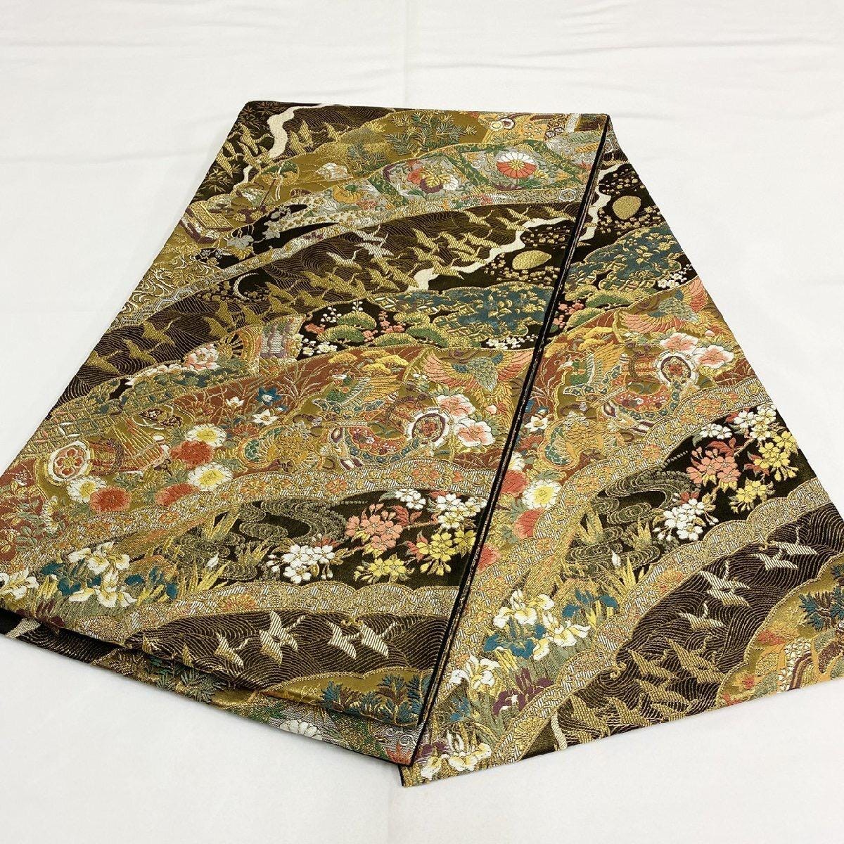 Vintage Silk Obi Belt: Flying Crane Fukuro Obi, Rank A+