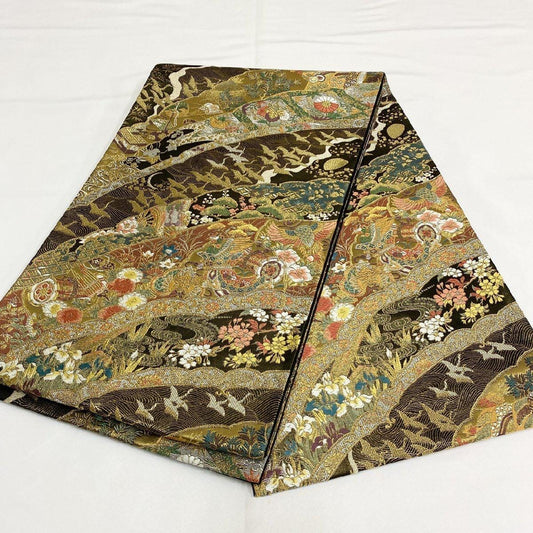Vintage Silk Obi Belt: Flying Crane Fukuro Obi, Rank A+