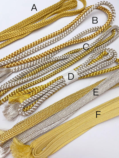 Gold & Silver Silk Obijime Cord: Japanese Kimono Obi Ties, Q9