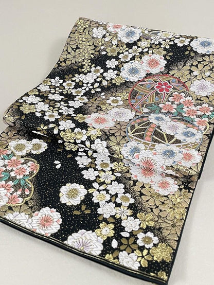 Vintage Silk Fukuro Obi Belt: Floral Kimono Sash, Rank A- (OB199)