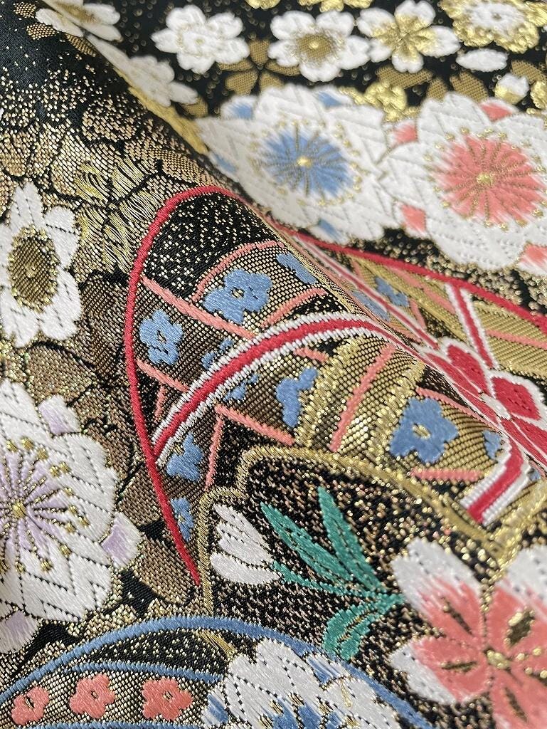 Vintage Silk Fukuro Obi Belt: Floral Kimono Sash, Rank A- (OB199)
