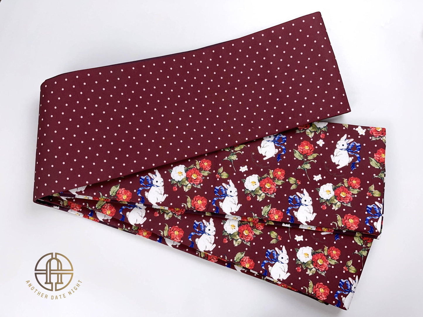 Rabbit Camellia Hanhaba Obi Belt: Purple & Wine Red, Double Sided
