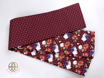 Rabbit Camellia Hanhaba Obi Belt: Purple & Wine Red, Double Sided