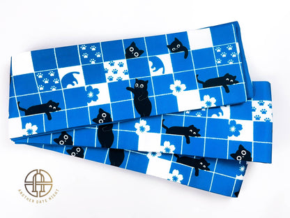 Blue Checkered Cat Hanhaba Belt, Half-Width Obi for Yukata/Komon Kimono/Casual Kimono