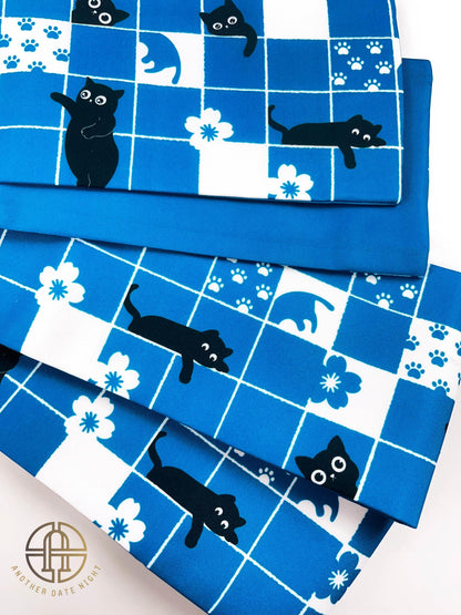Blue Checkered Cat Hanhaba Belt, Half-Width Obi for Yukata/Komon Kimono/Casual Kimono