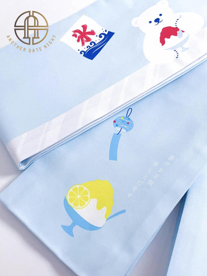 Polar Bear Kimono Obi Belt: Pastel Blue Summer Yukata Obi