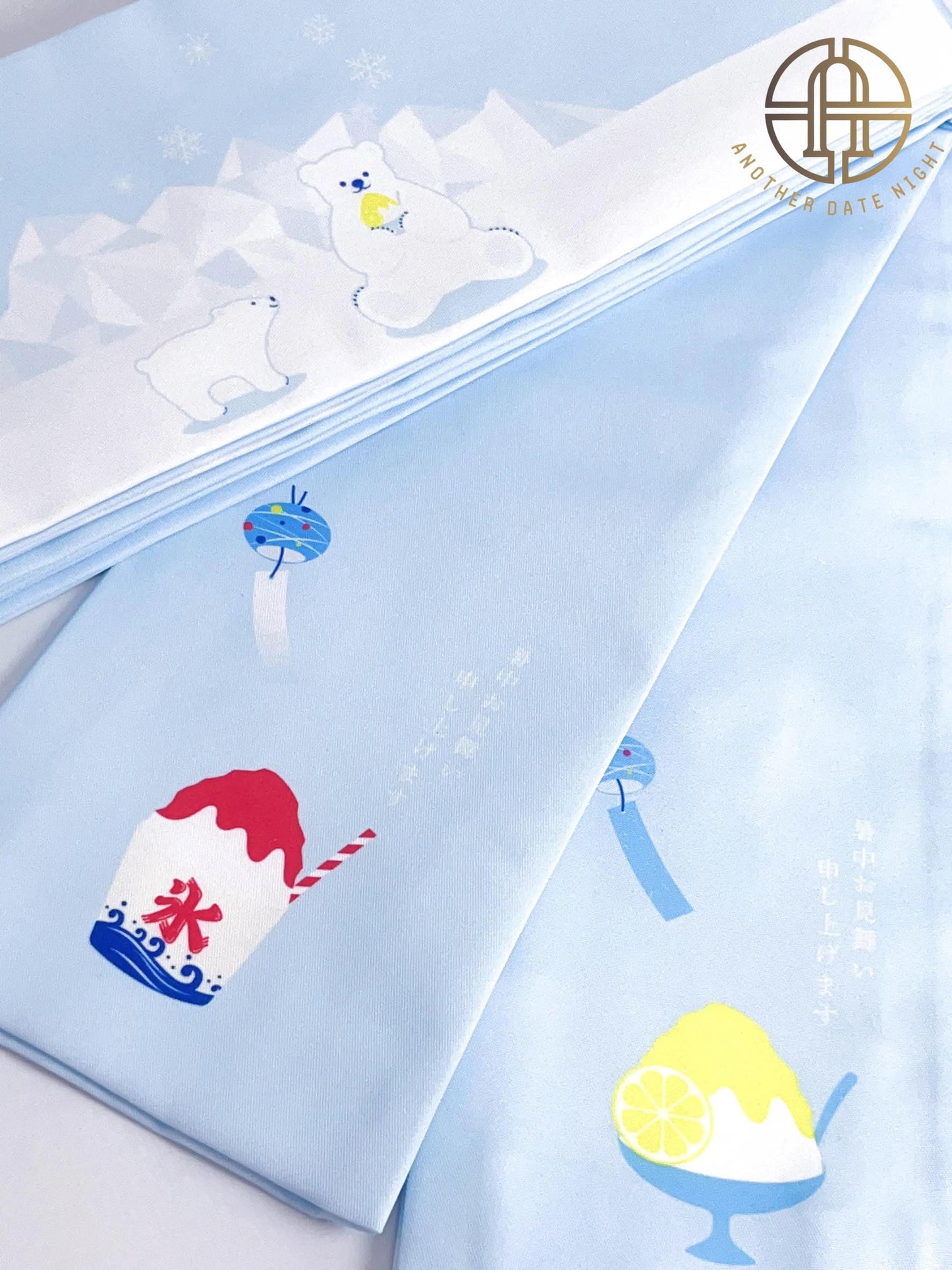 Polar Bear Kimono Obi Belt: Pastel Blue Summer Yukata Obi