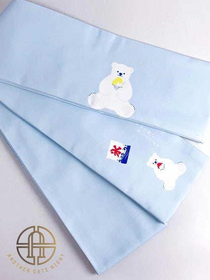 Polar Bear Kimono Obi Belt: Pastel Blue Summer Yukata Obi